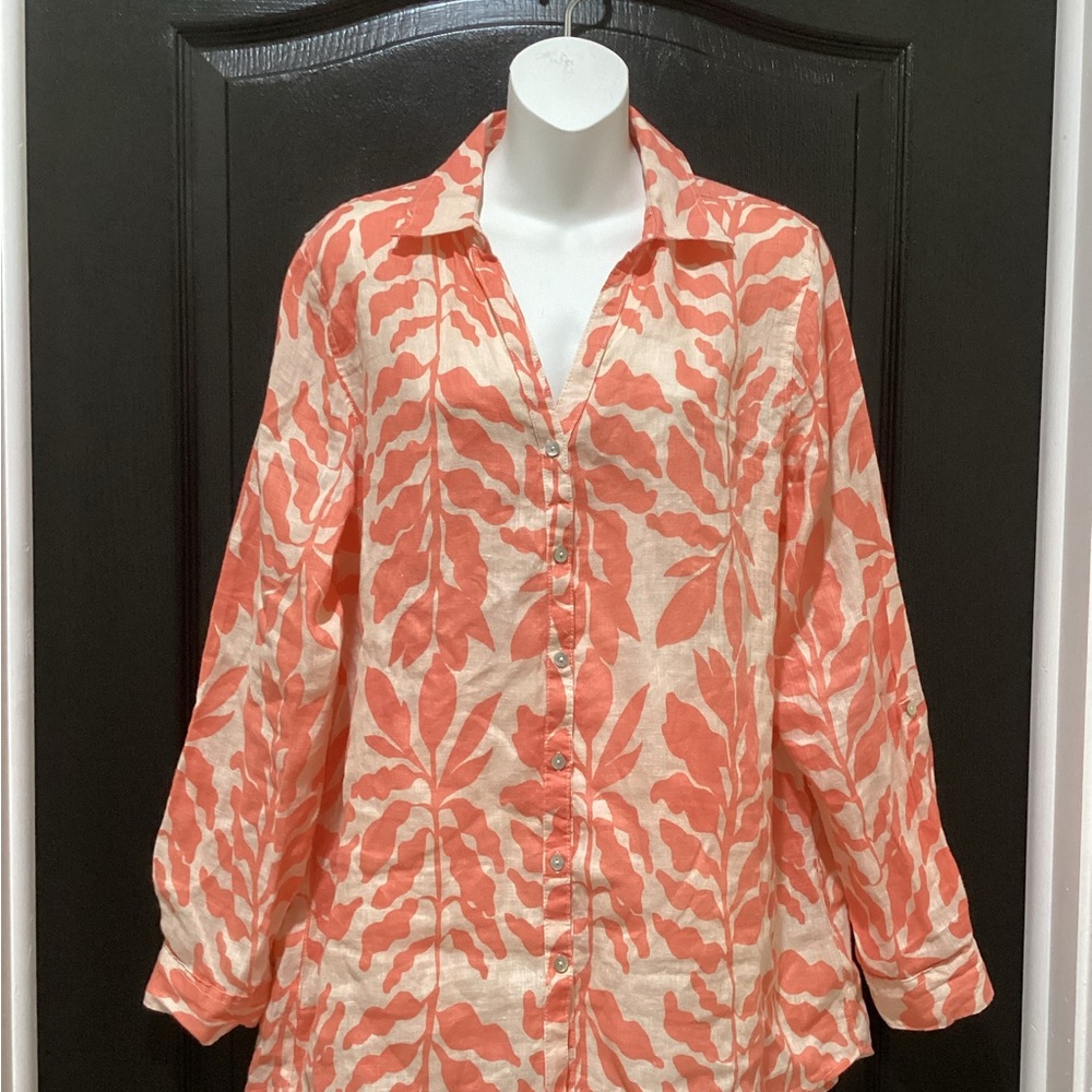 Rachel Zoe Orange Leaf Print Button-Down Shirt 100% Linen